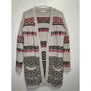 MAURICES Women Sweater Neutral Cardigan Chunky Open Knit Wool Blend Aztec Medium